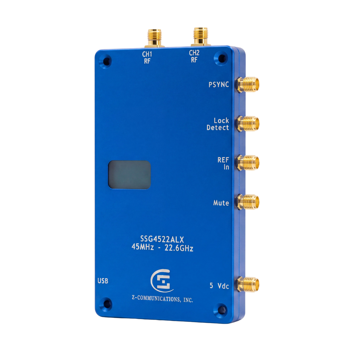 SSG4522ALX Smart PLL Frequency Synthesizer in a blue all-metal enclosure with SMA connectors